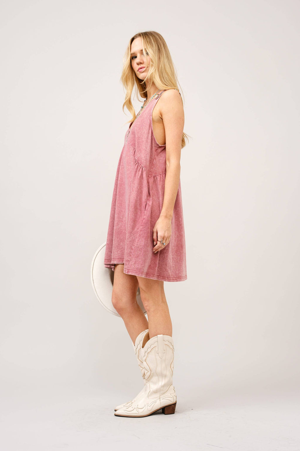 23219D - Plunge V Neck Buckle Babydoll Dress