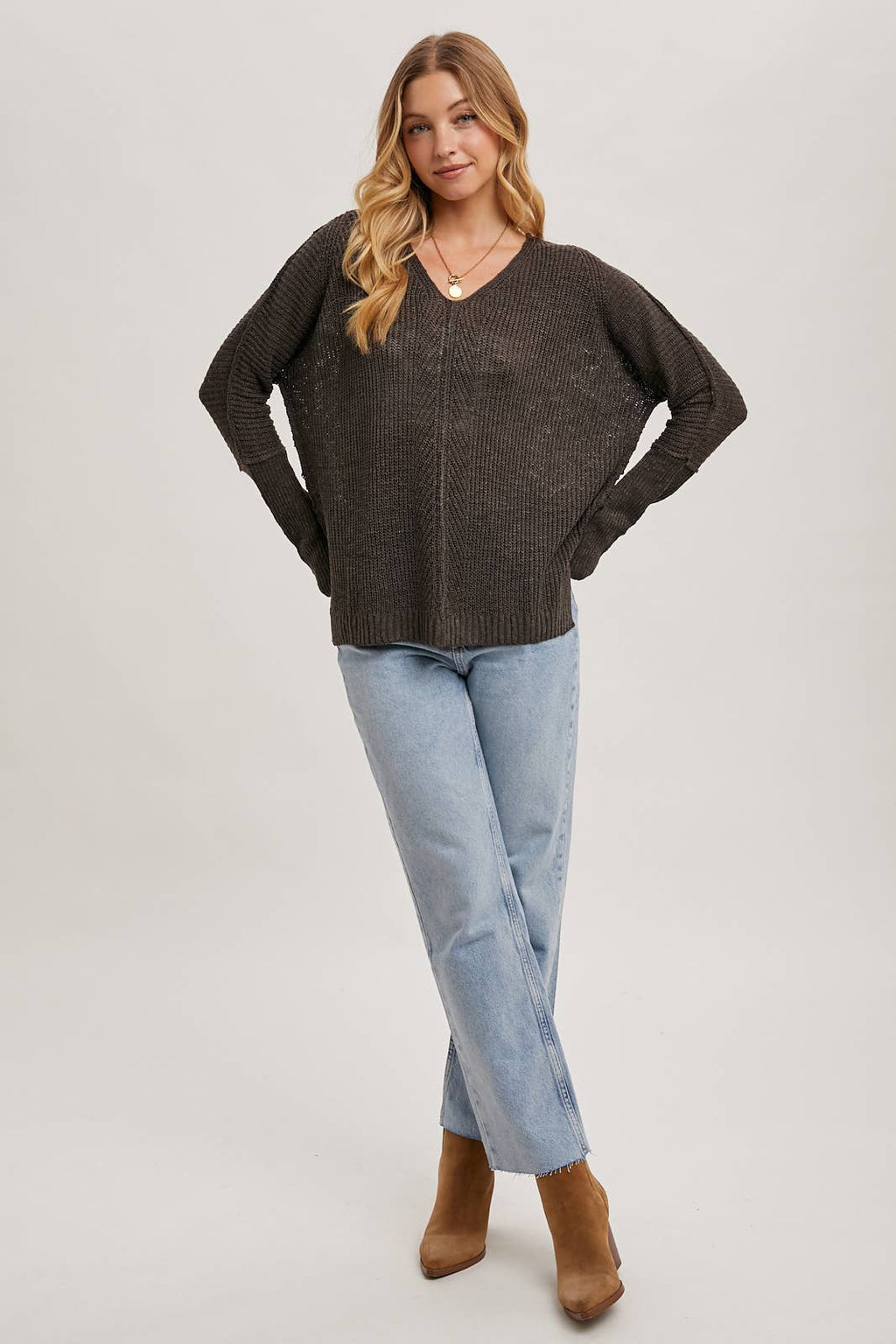 SHEER LOOSEFIT V-NECK KNIT SWEATER PULLOVER