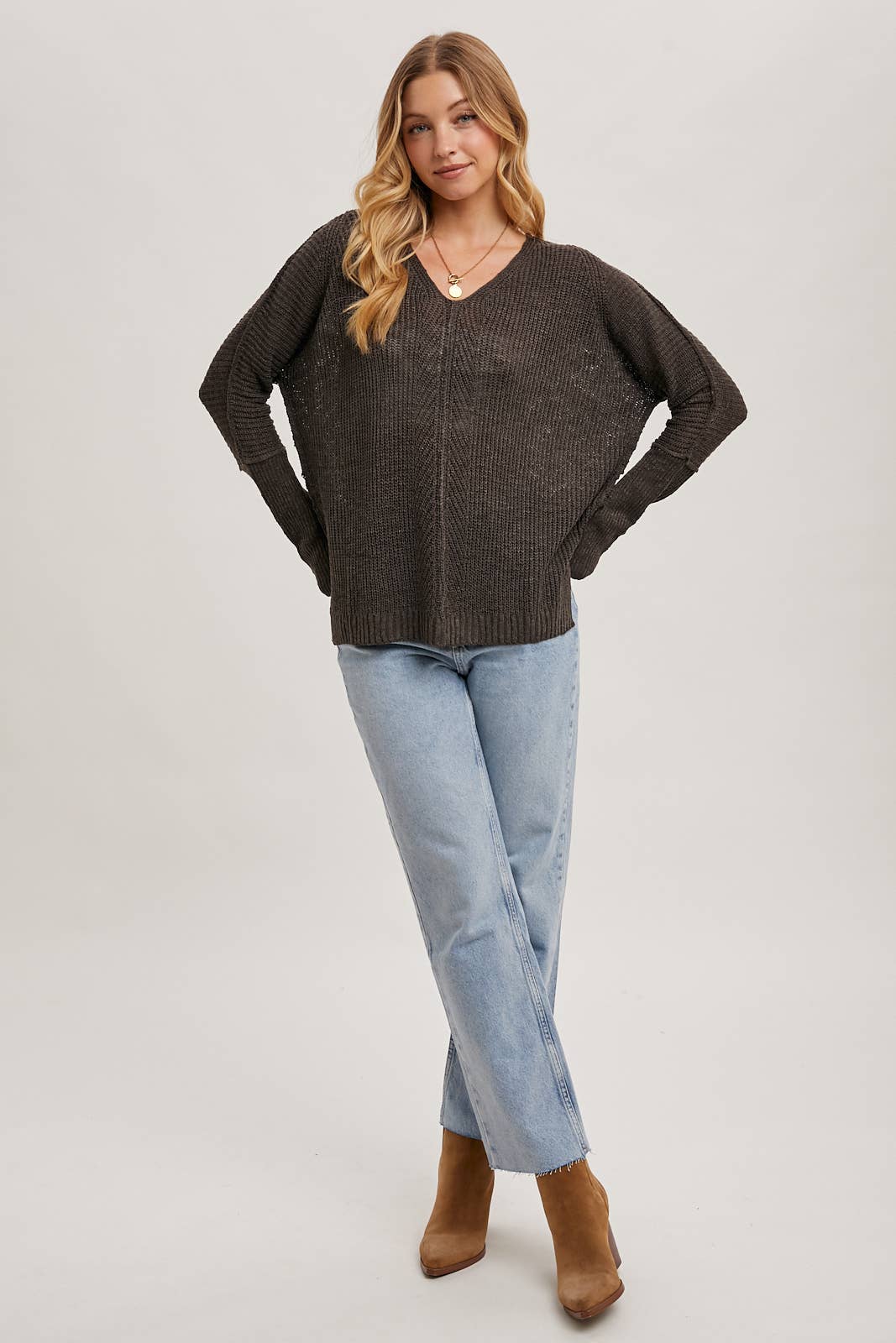 SHEER LOOSEFIT V-NECK KNIT SWEATER PULLOVER