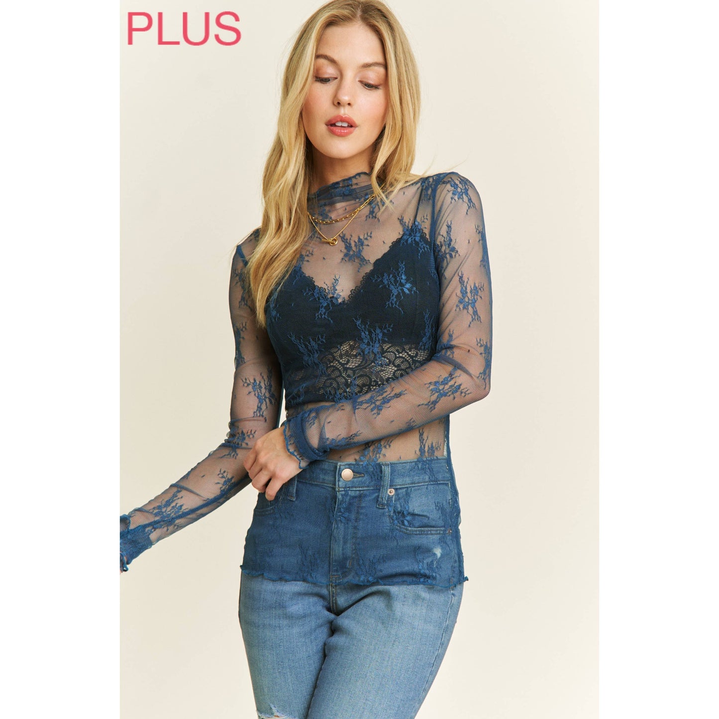 PLUS LACE HIGH NECK DESIGN LONG SLEEVE FITTED TOP