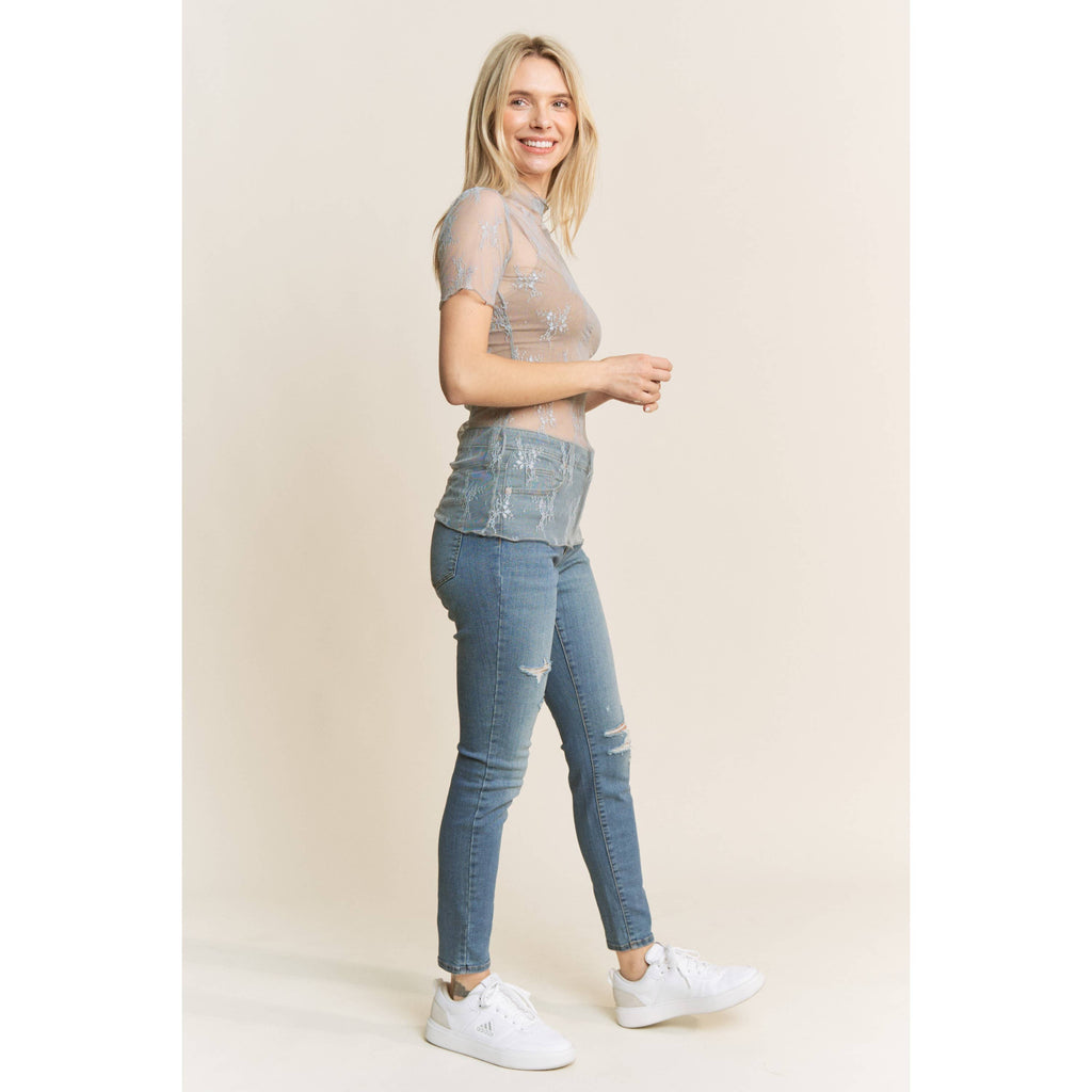 MESH LACE HIGH NECK DESIGN SHORT SLEEVE FITTED TOP