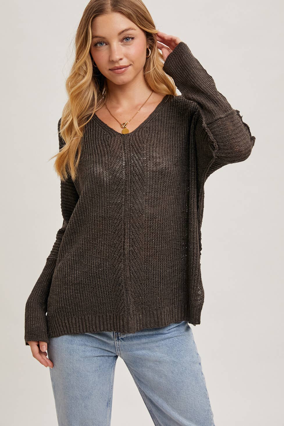 SHEER LOOSEFIT V-NECK KNIT SWEATER PULLOVER
