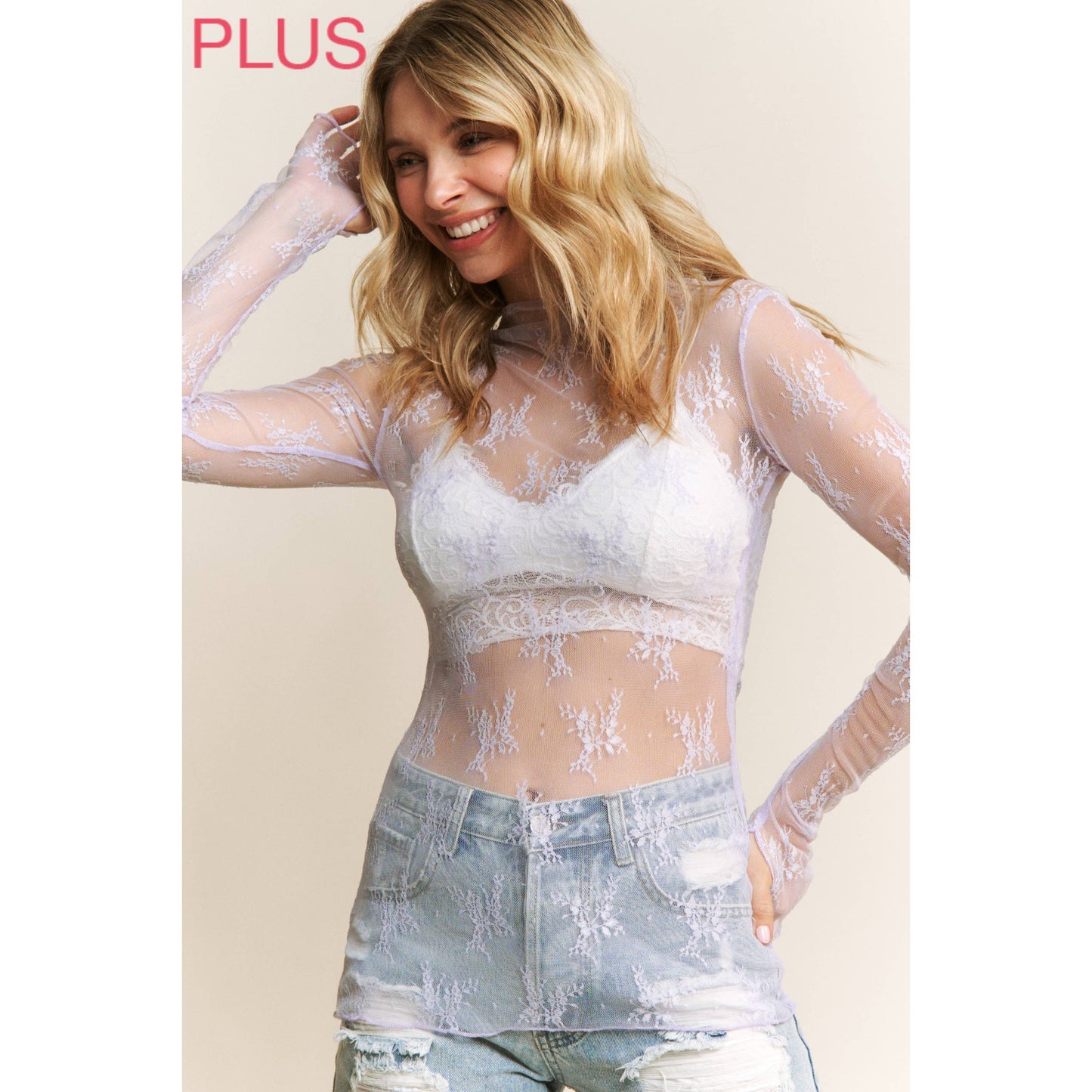 PLUS LACE HIGH NECK DESIGN LONG SLEEVE FITTED TOP