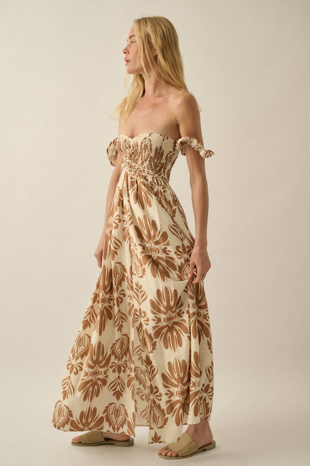 Ornate Floral-Print Smocked Off-Shoulder Maxi Dress