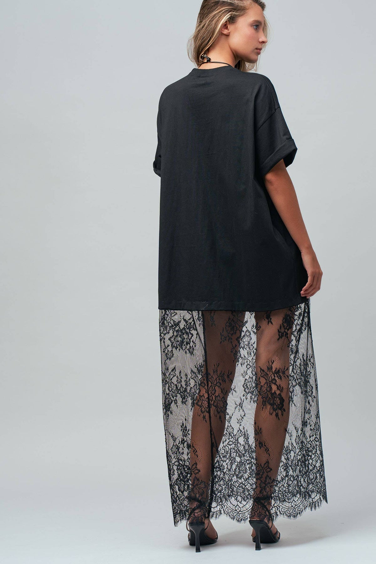 Mixed-Media T-Shirt Dress with Sheer Lace Skirt
