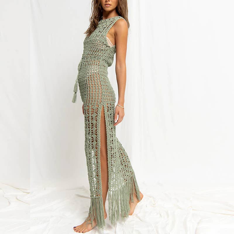 Solid Color Tassels Bikini Swimwear Cover Up Dress HL9702