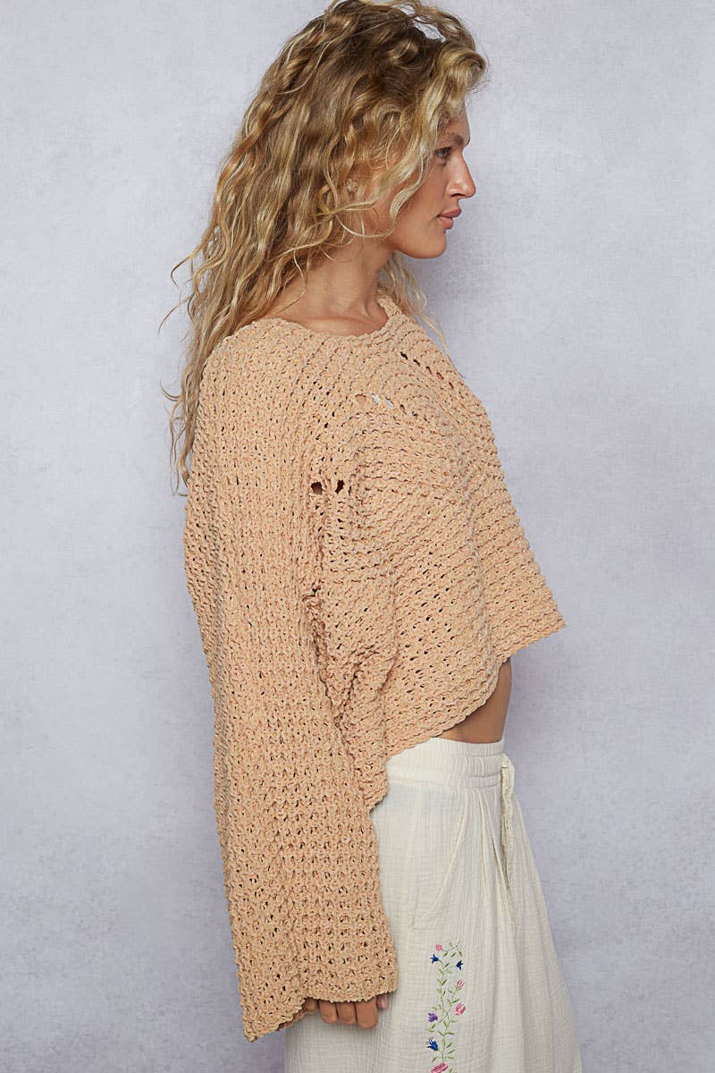 Round neck semi cropped chenille solid sweater