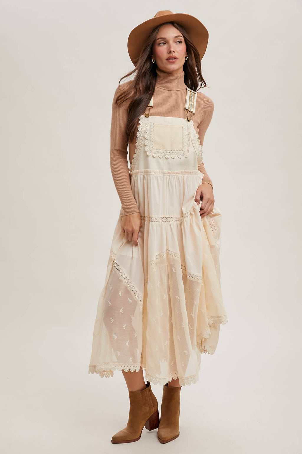 LACE EMBROIDERED TULLE BIB MAXI DRESS