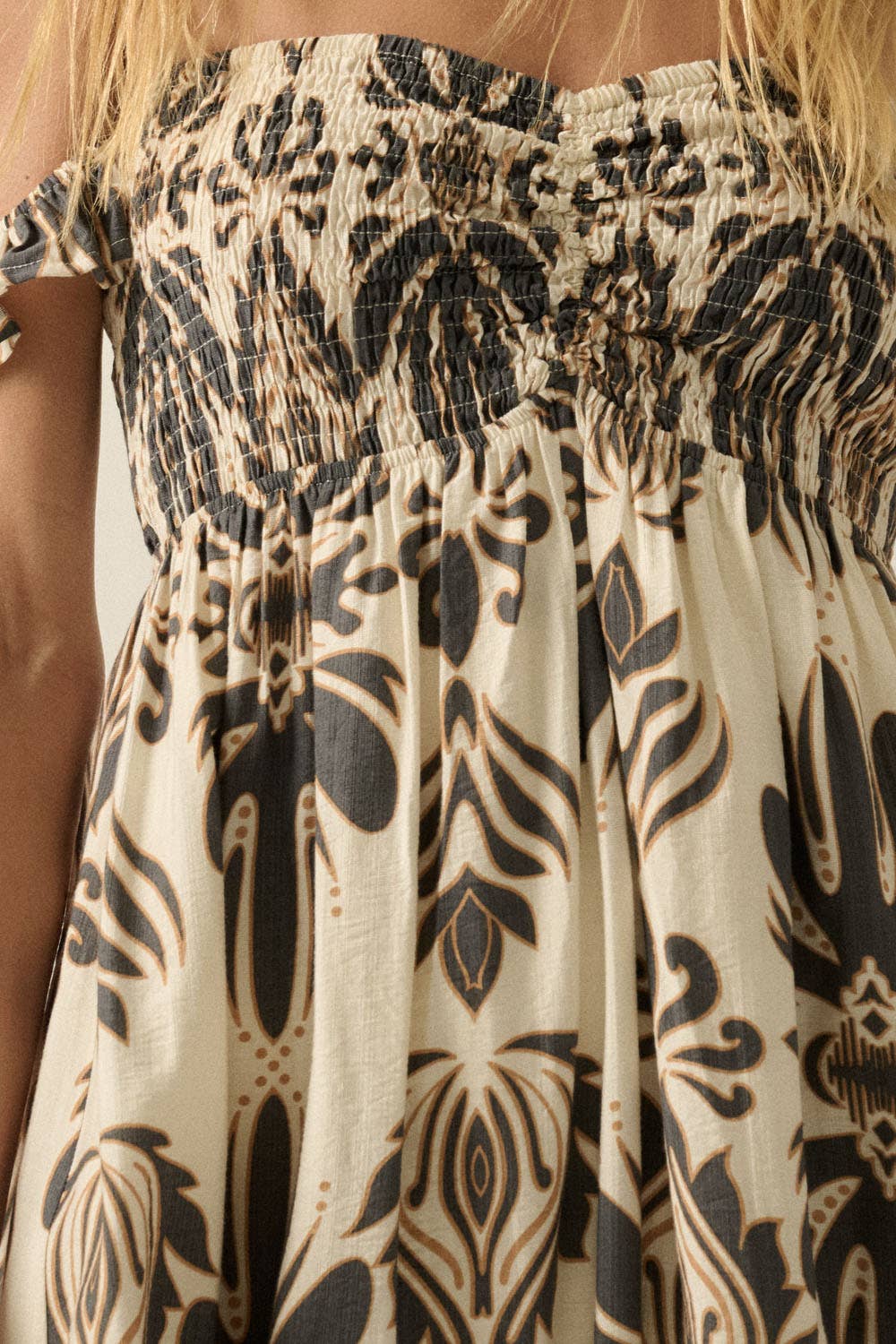 Ornate Floral-Print Smocked Off-Shoulder Maxi Dress