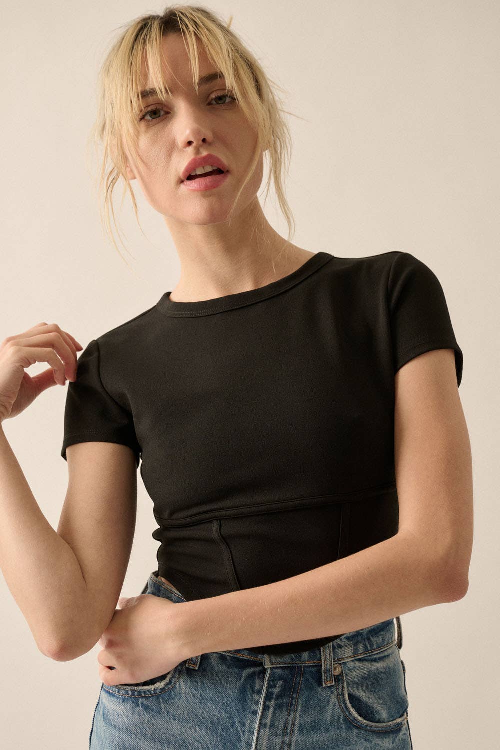 Essential Trends Crepe Corset-Bodice Knit Top