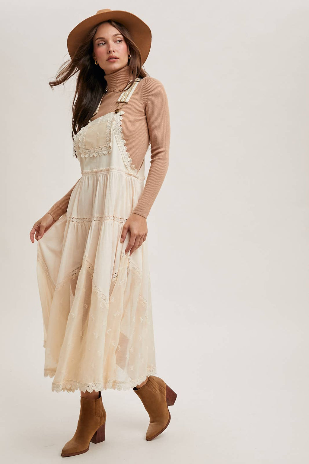 LACE EMBROIDERED TULLE BIB MAXI DRESS