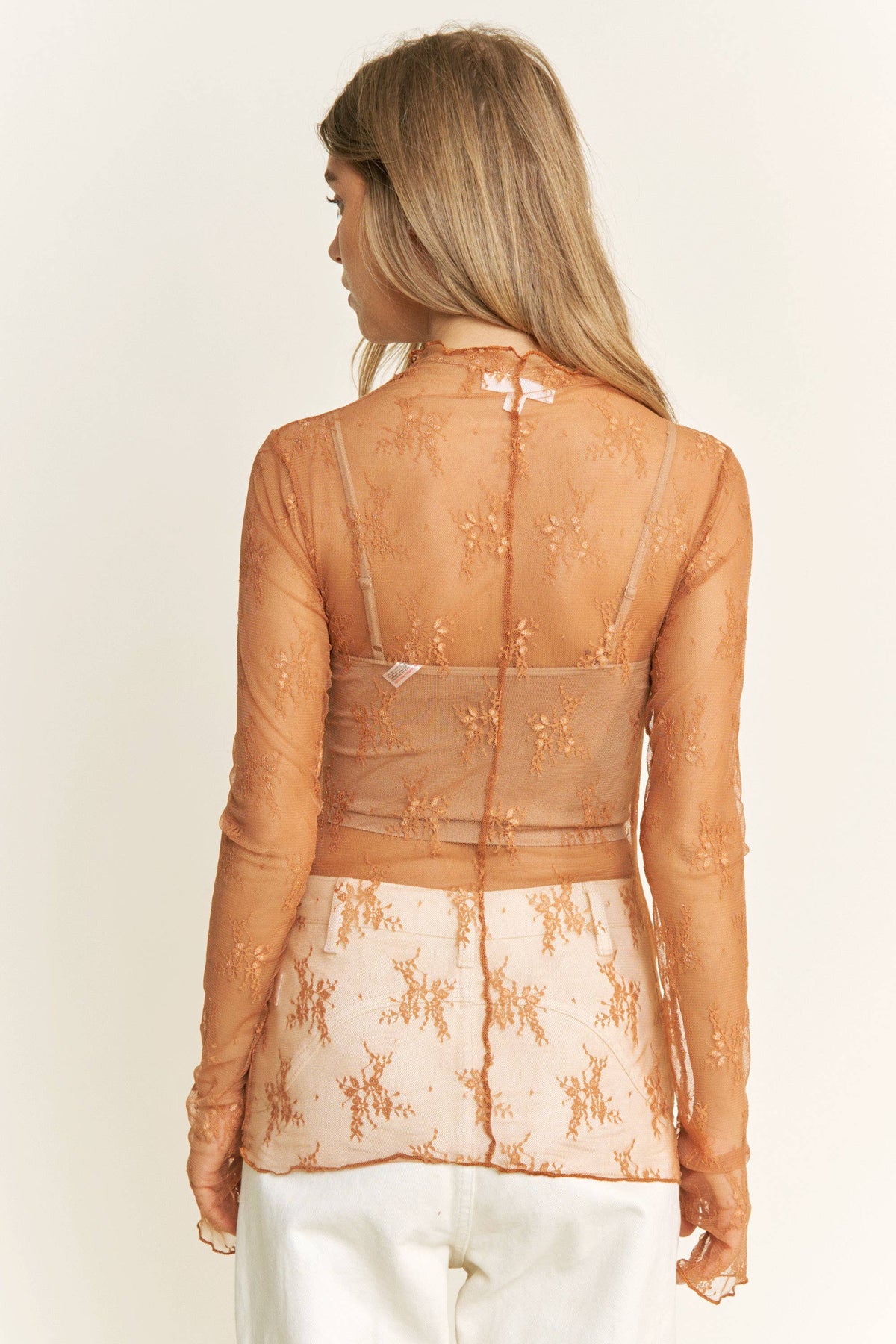 MESH LACE HIGH NECK DESIGN LONG SLEEVE FITTED TOP