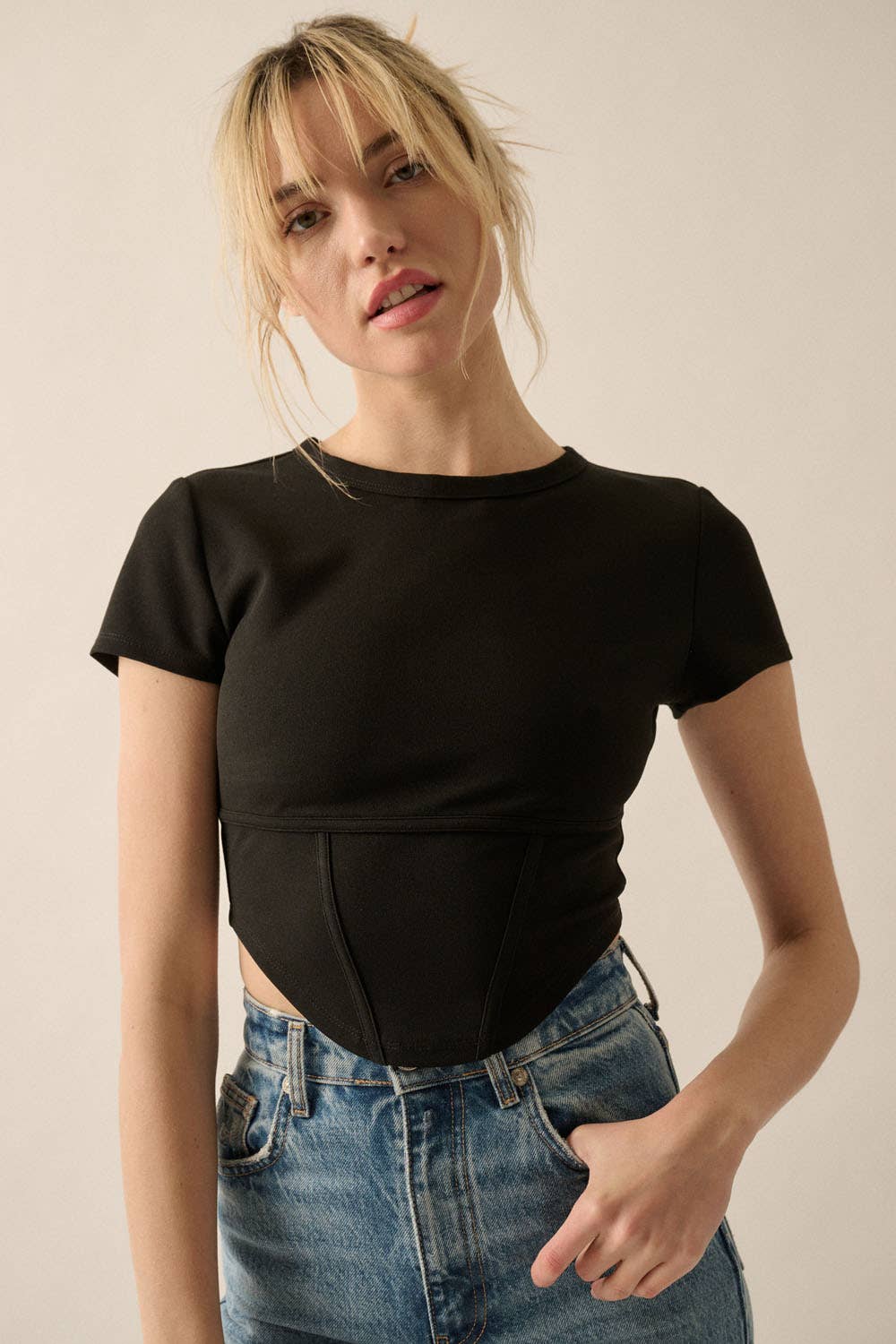 Essential Trends Crepe Corset-Bodice Knit Top