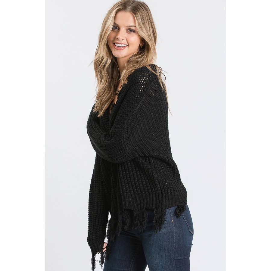 DESTROYED V NECK PULLOVER SWEATER