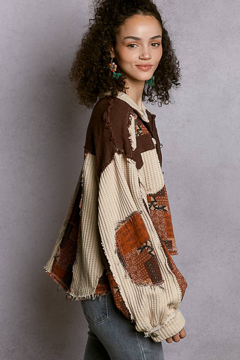 Balloon Sleeve Contrast Paisley Pattern Cropped Knit Jacket