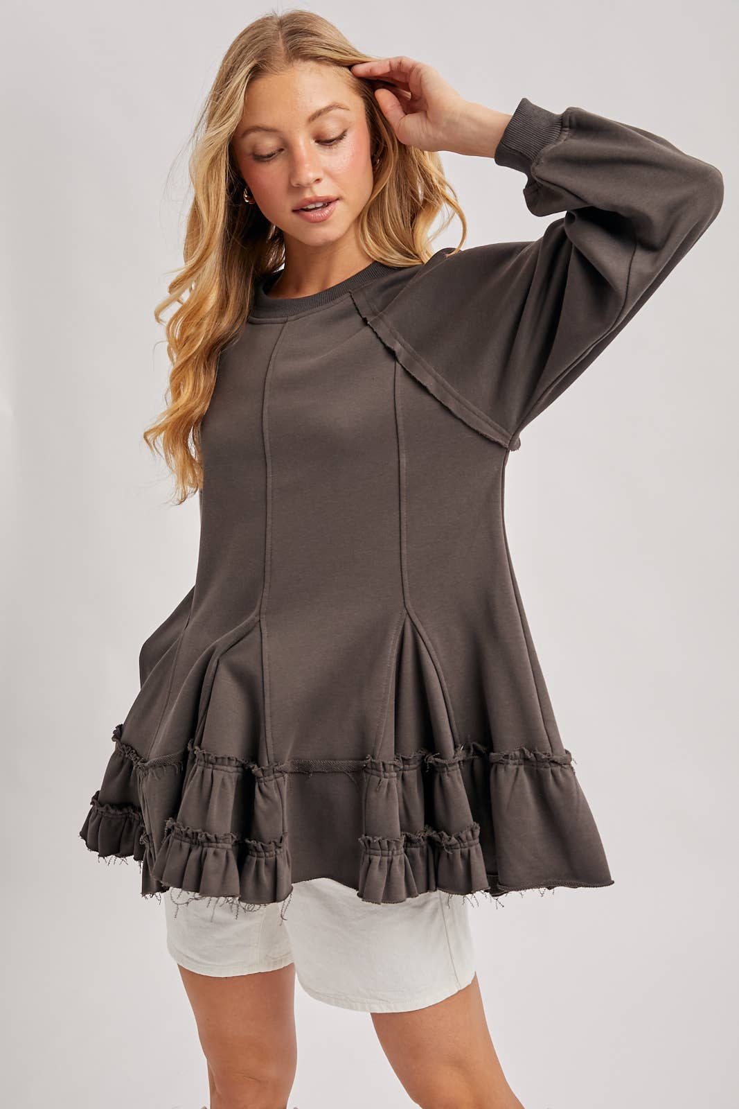 FRENCH TERRY RUFFLED TIERED HEM TUNIC SWEATSHIRT