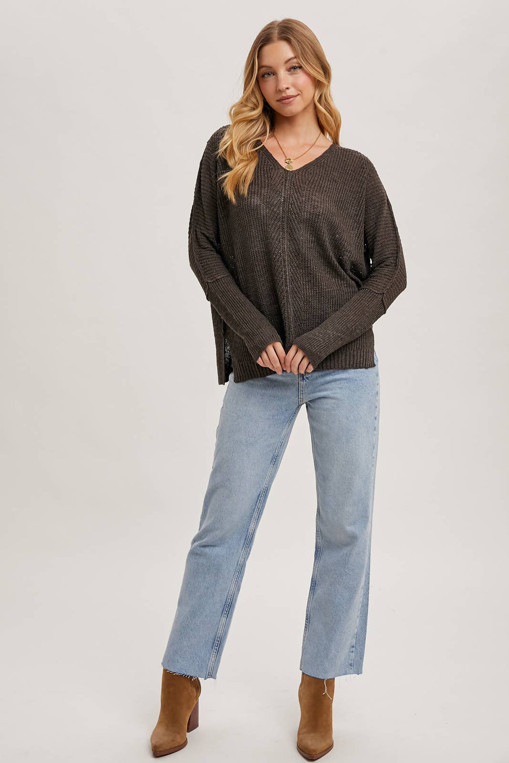 SHEER LOOSEFIT V-NECK KNIT SWEATER PULLOVER