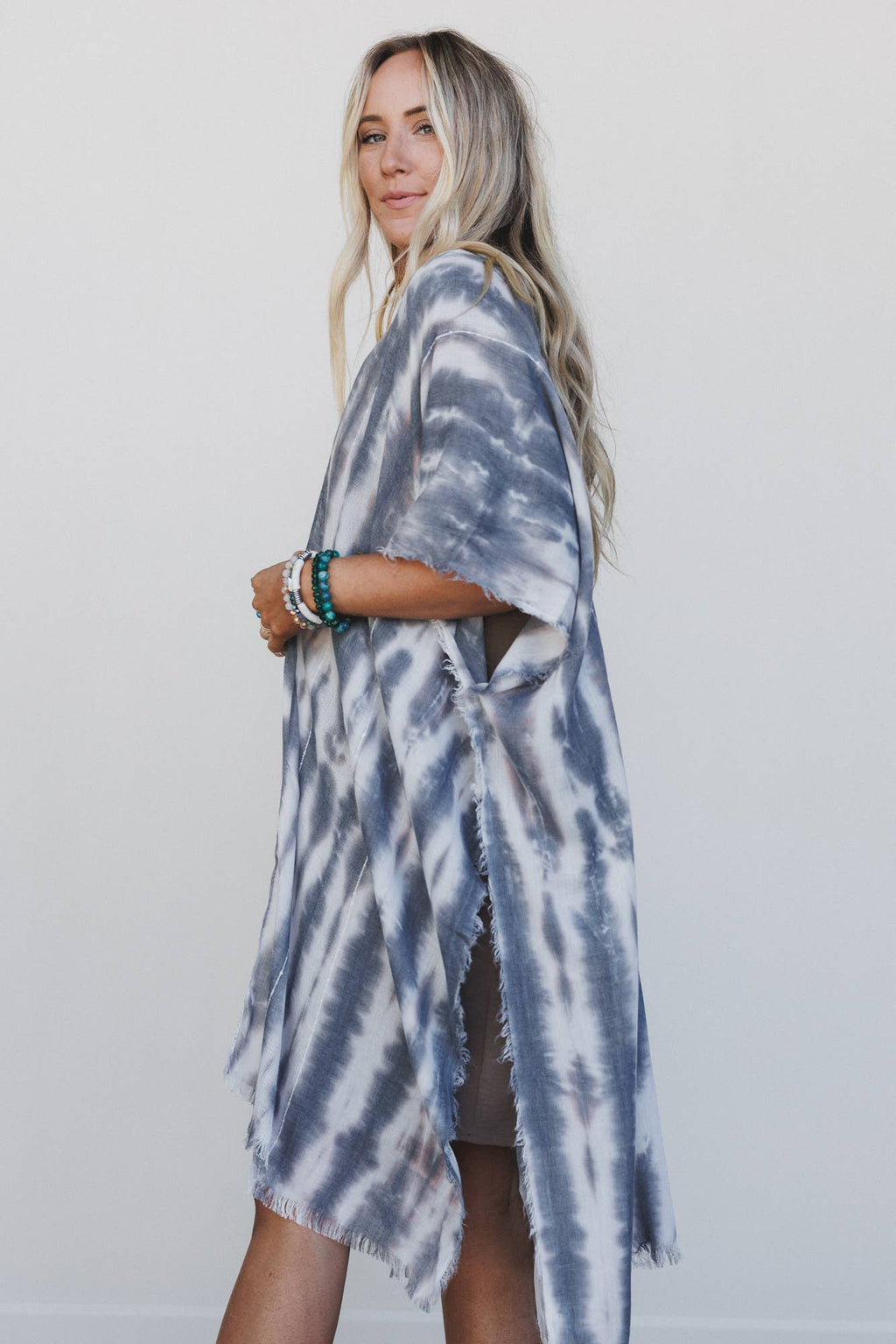 Demi Tie Dye Frayed Hem Kimono - Black