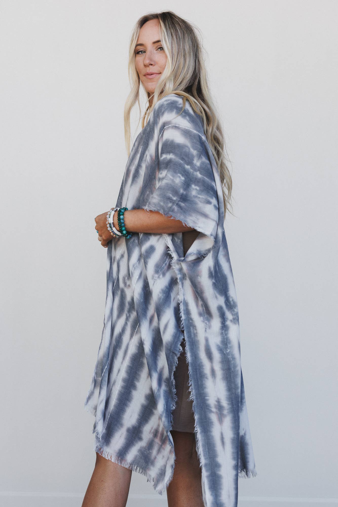 Demi Tie Dye Frayed Hem Kimono - Black