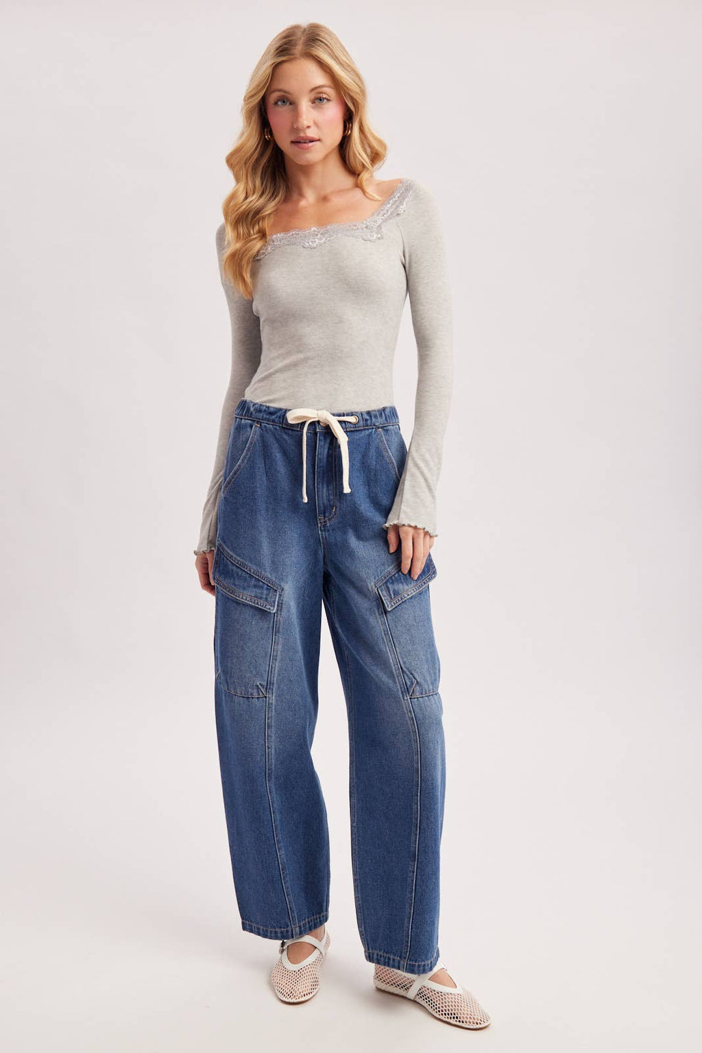LACE TRIM SQUARE & BOAT NECK 2-WAY KNIT TOP