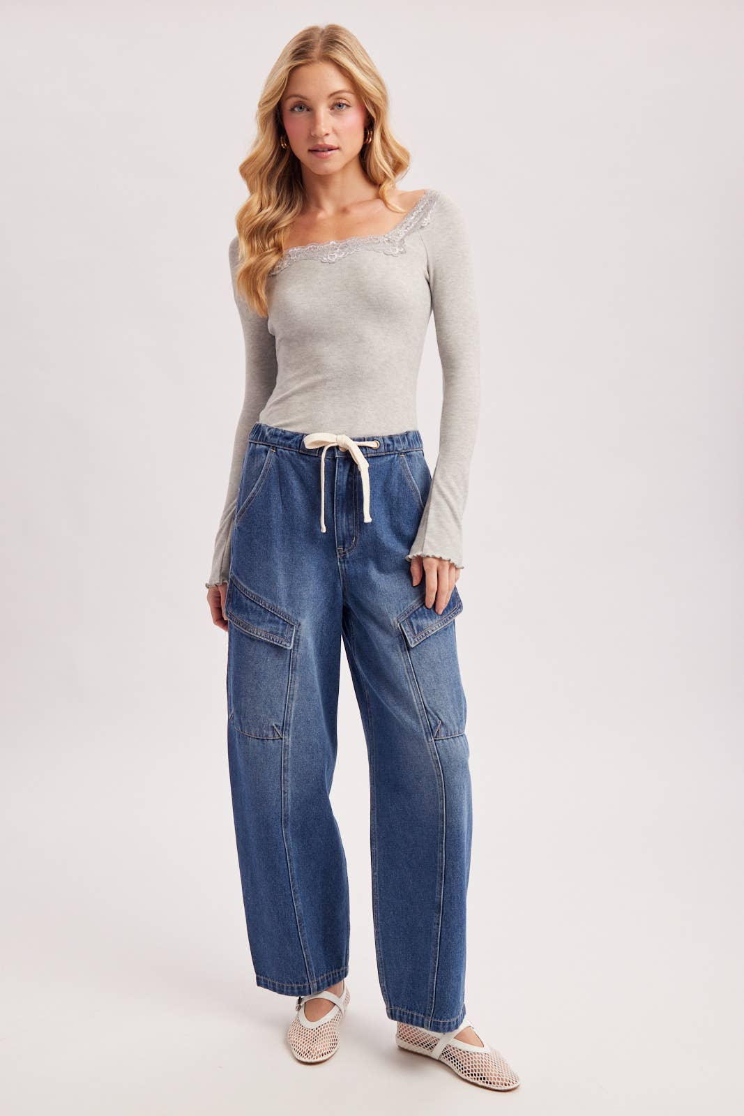 LACE TRIM SQUARE & BOAT NECK 2-WAY KNIT TOP