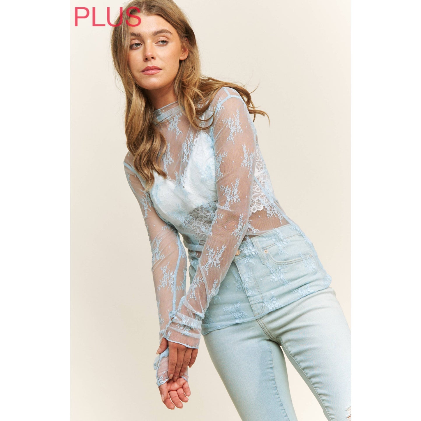 PLUS LACE HIGH NECK DESIGN LONG SLEEVE FITTED TOP
