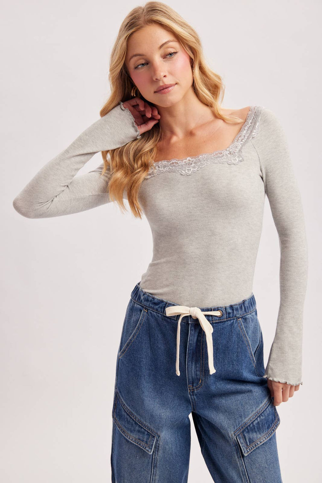 LACE TRIM SQUARE & BOAT NECK 2-WAY KNIT TOP