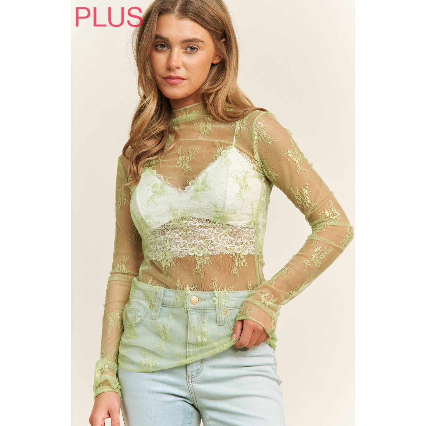 PLUS LACE HIGH NECK DESIGN LONG SLEEVE FITTED TOP