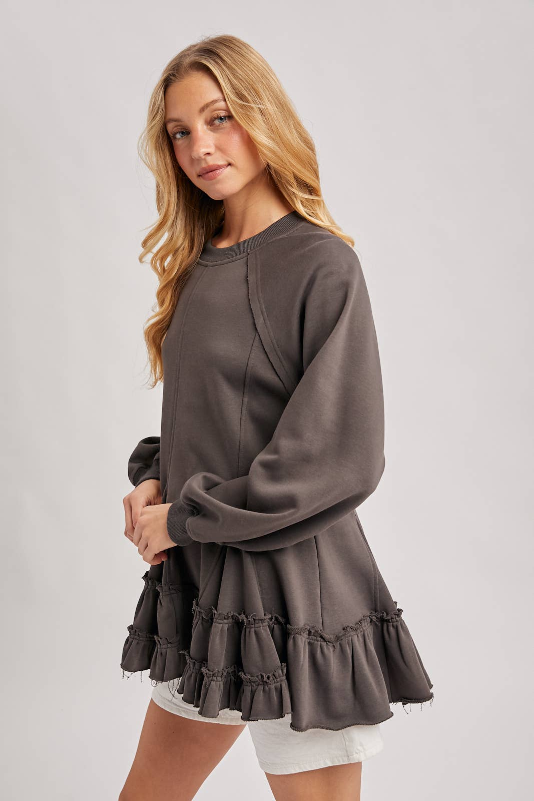 FRENCH TERRY RUFFLED TIERED HEM TUNIC SWEATSHIRT