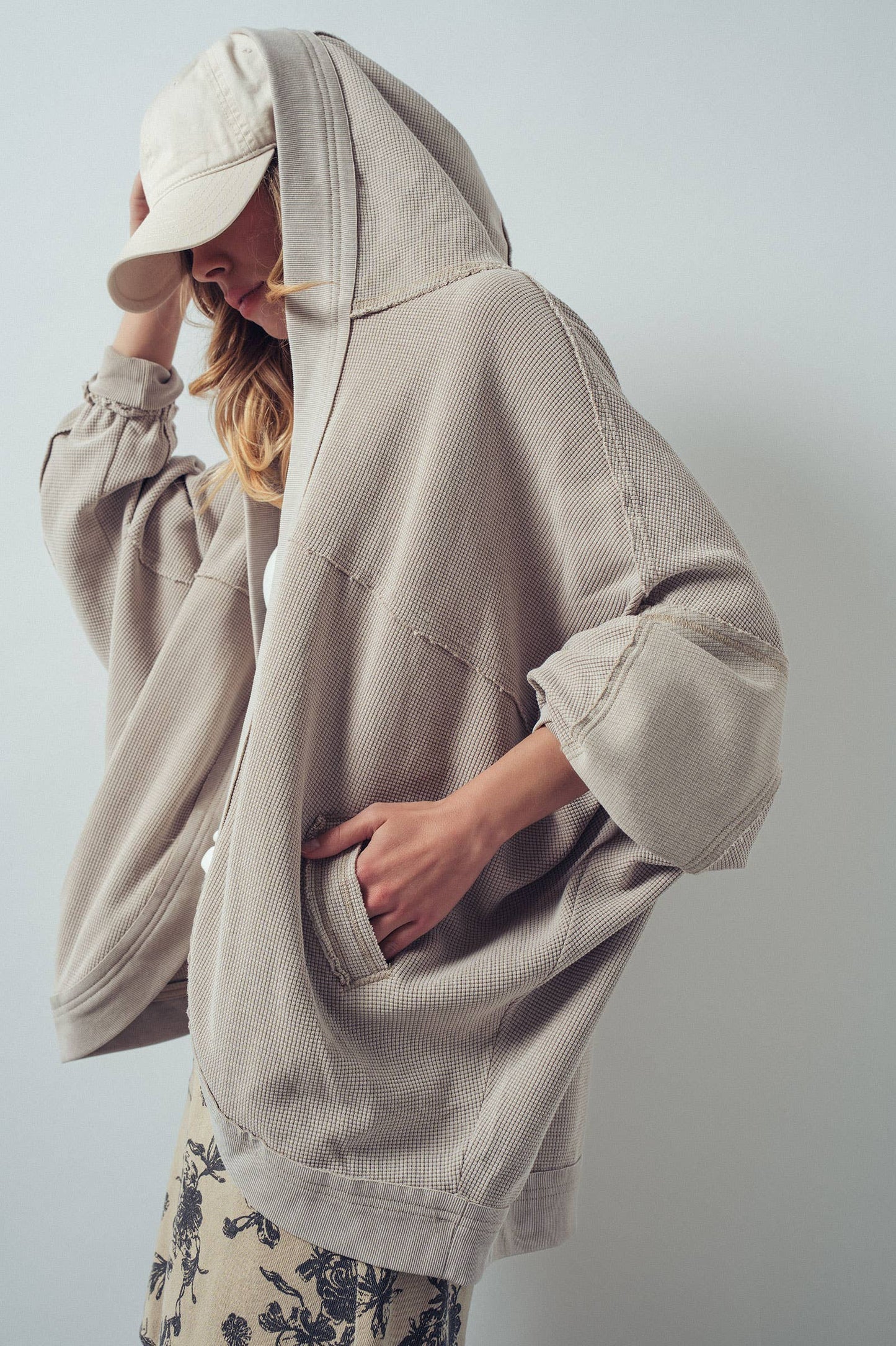 Washed Waffle Knit Hooded Cardigan