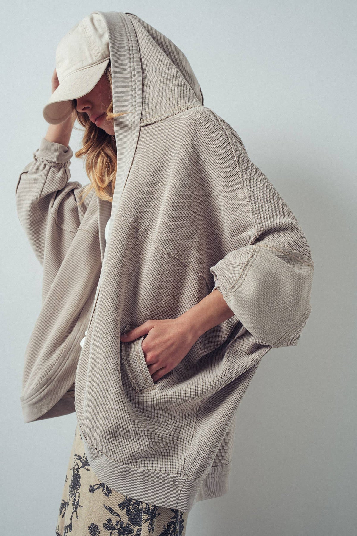 Washed Waffle Knit Hooded Cardigan