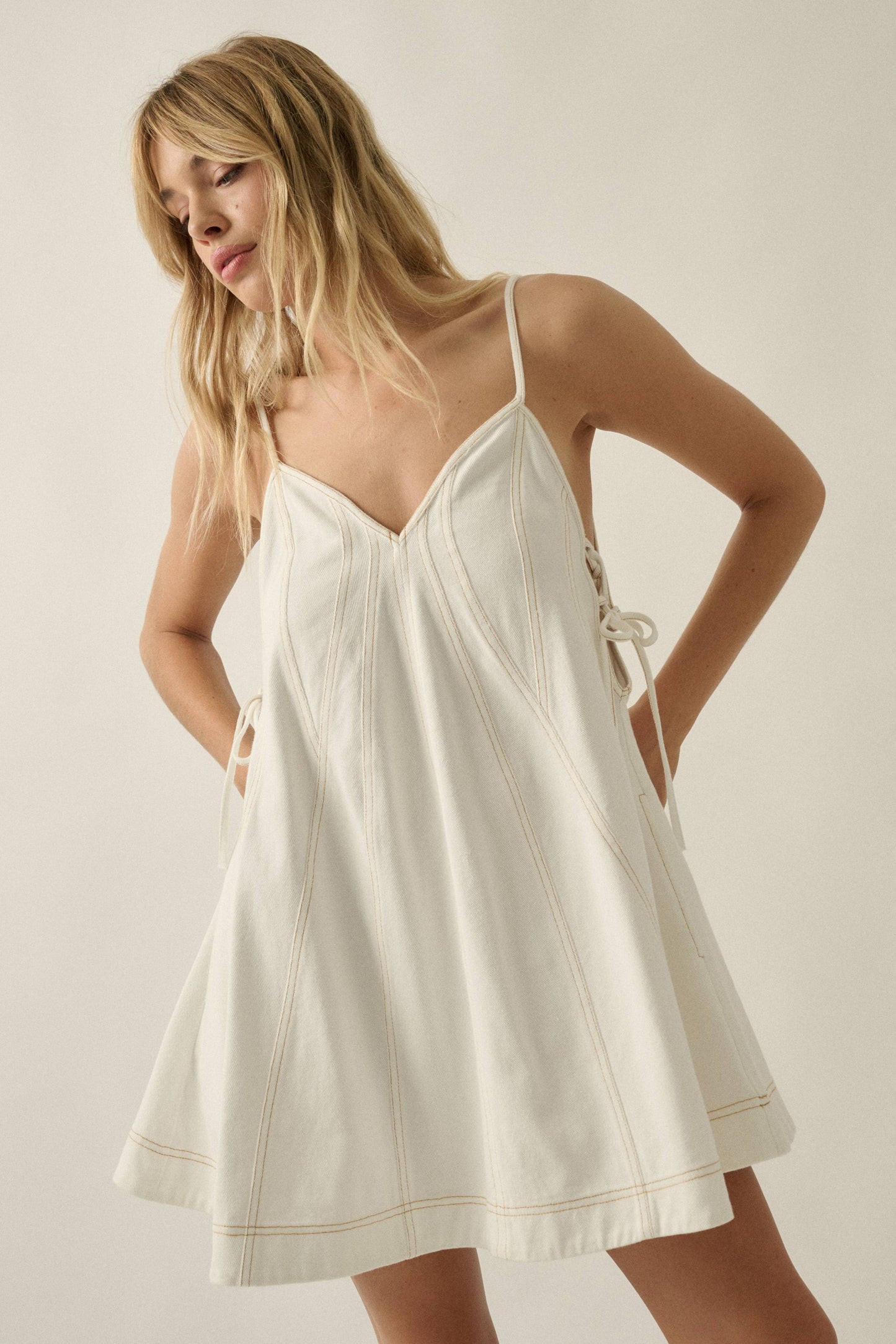 Denim Paneled A-Line Side-Tie Babydoll Pocket Mini Dress