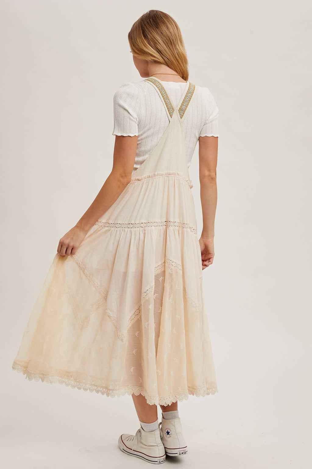 LACE EMBROIDERED TULLE BIB MAXI DRESS