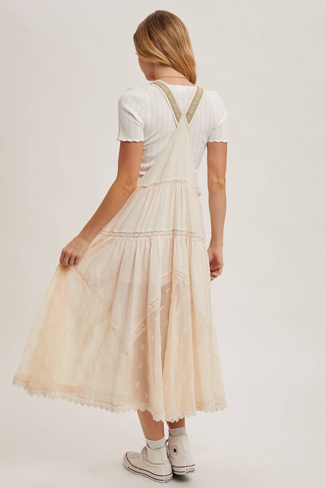 LACE EMBROIDERED TULLE BIB MAXI DRESS