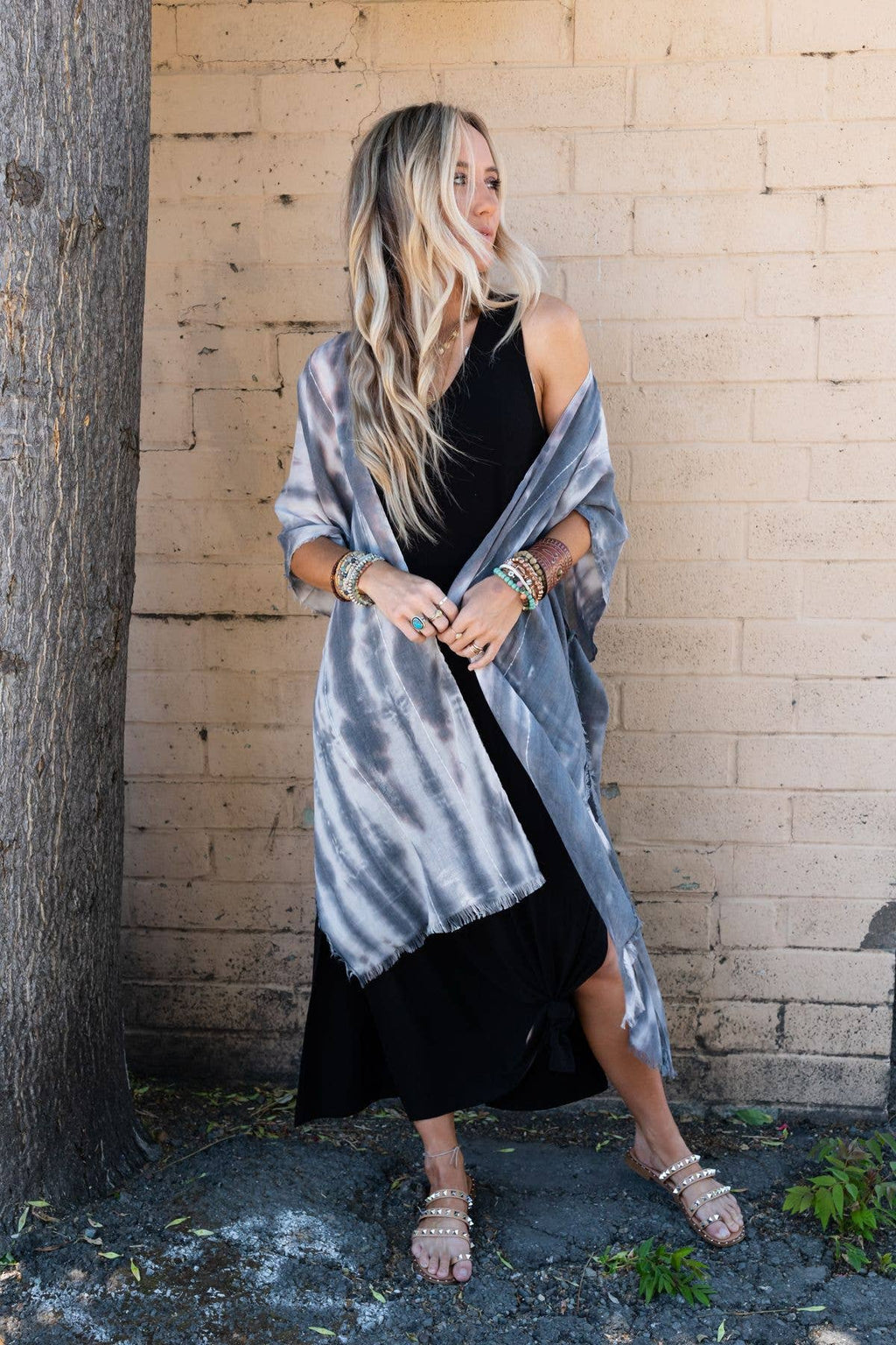 Demi Tie Dye Frayed Hem Kimono - Black