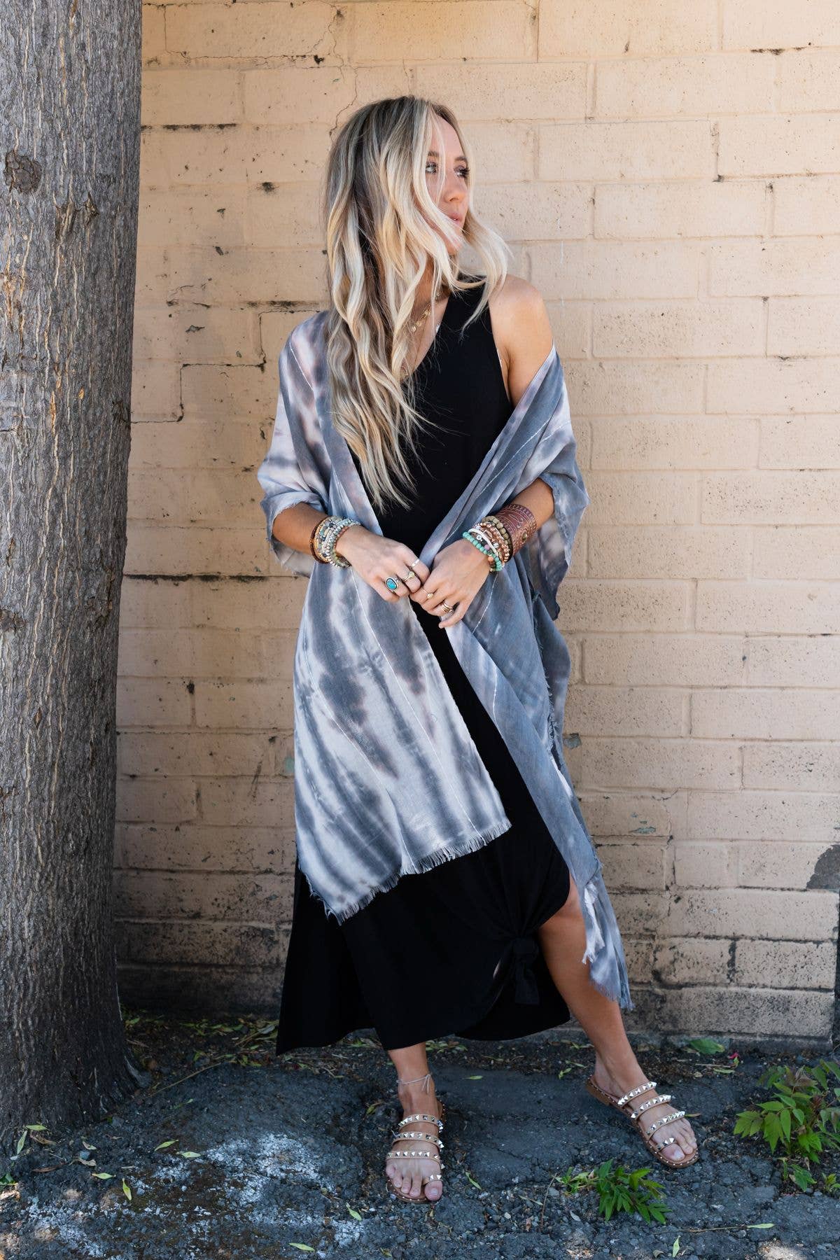 Demi Tie Dye Frayed Hem Kimono - Black