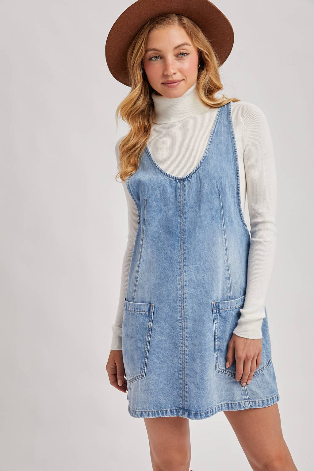 DENIM WASHED OVERALL POCKET DRESS