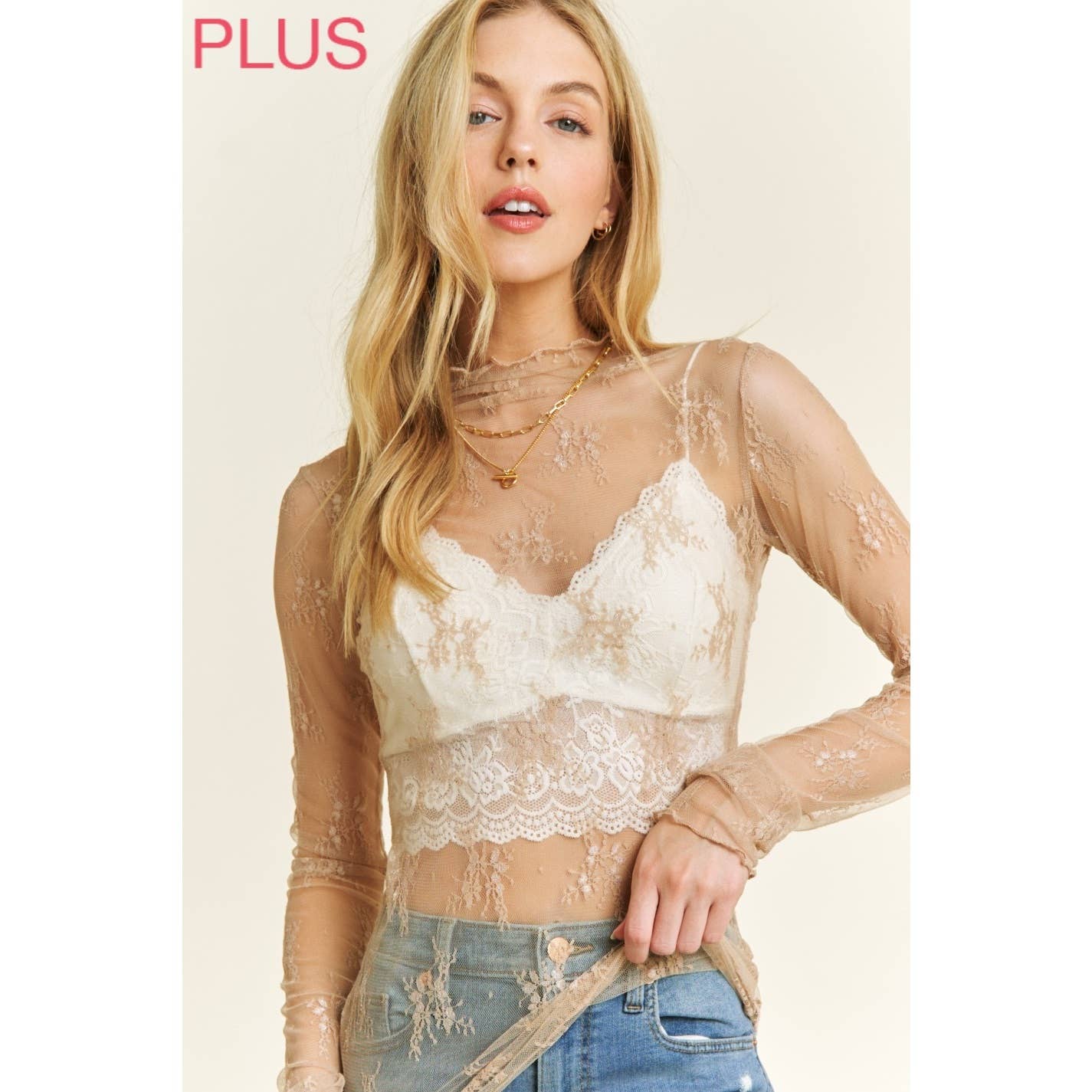 PLUS LACE HIGH NECK DESIGN LONG SLEEVE FITTED TOP