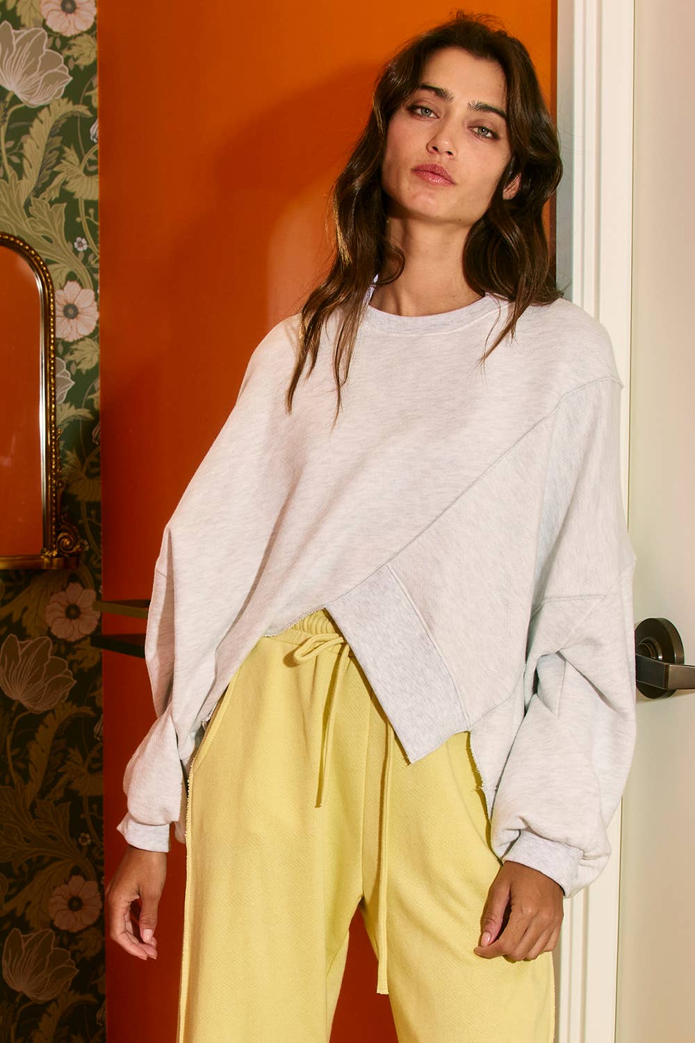 Asymmetric Hem Solid Terry Sweatshirt Top