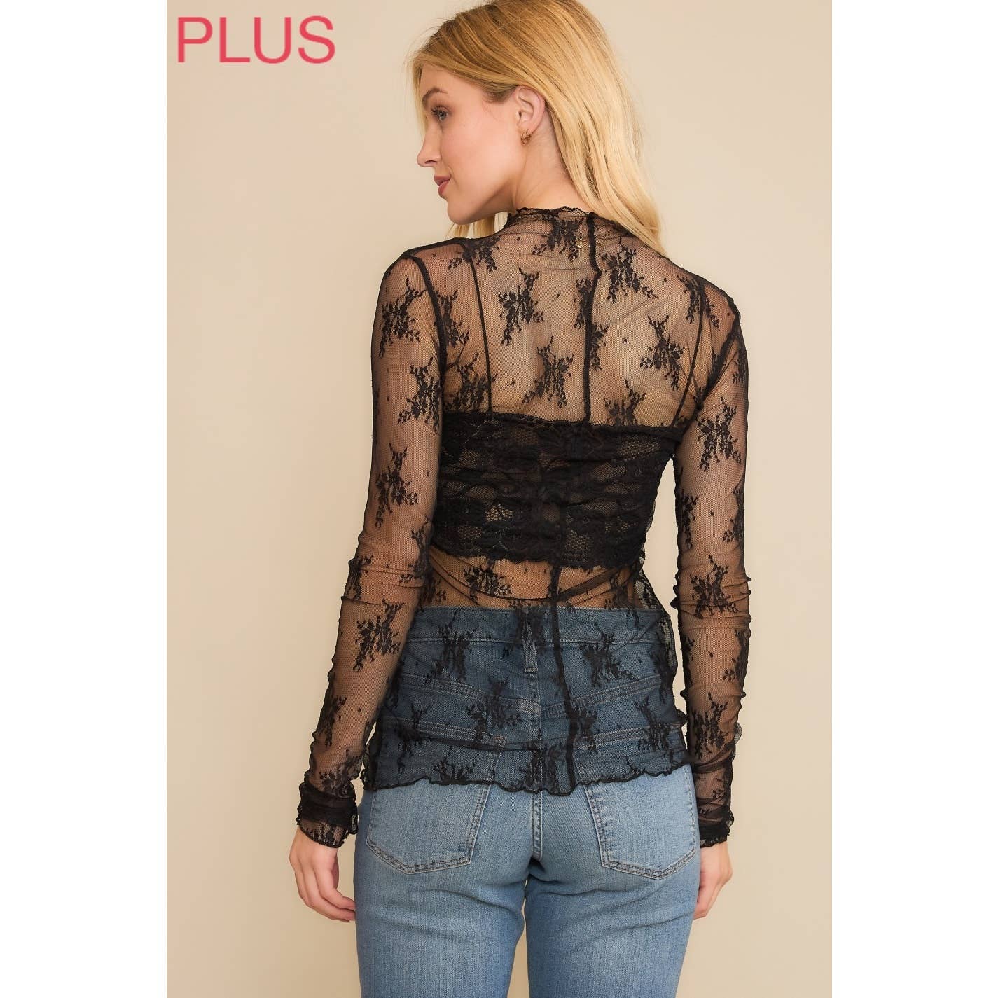 PLUS LACE HIGH NECK DESIGN LONG SLEEVE FITTED TOP