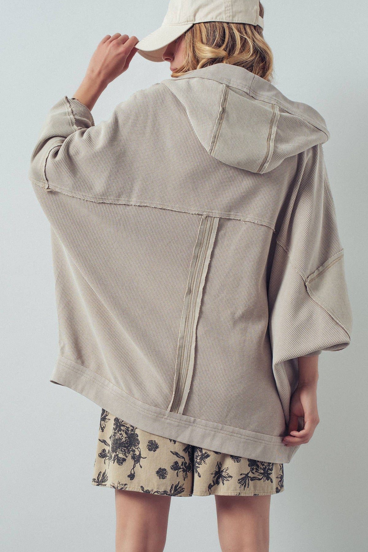 Washed Waffle Knit Hooded Cardigan