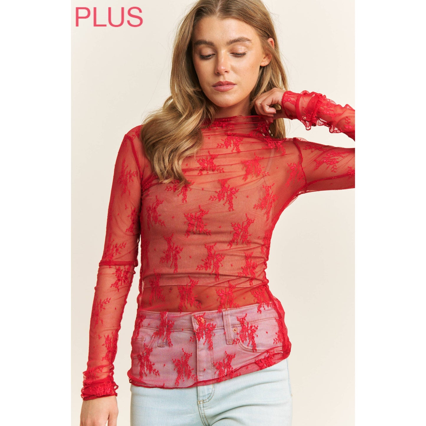 PLUS LACE HIGH NECK DESIGN LONG SLEEVE FITTED TOP
