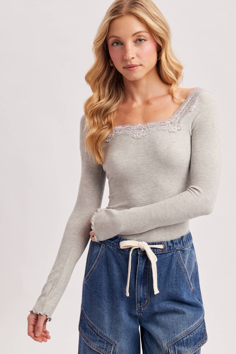 LACE TRIM SQUARE & BOAT NECK 2-WAY KNIT TOP