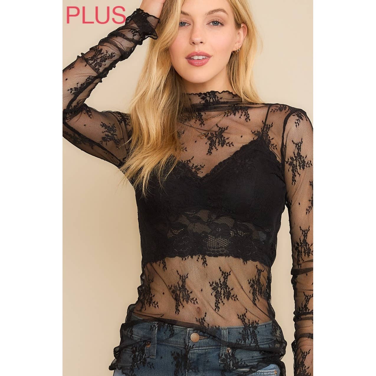 PLUS LACE HIGH NECK DESIGN LONG SLEEVE FITTED TOP