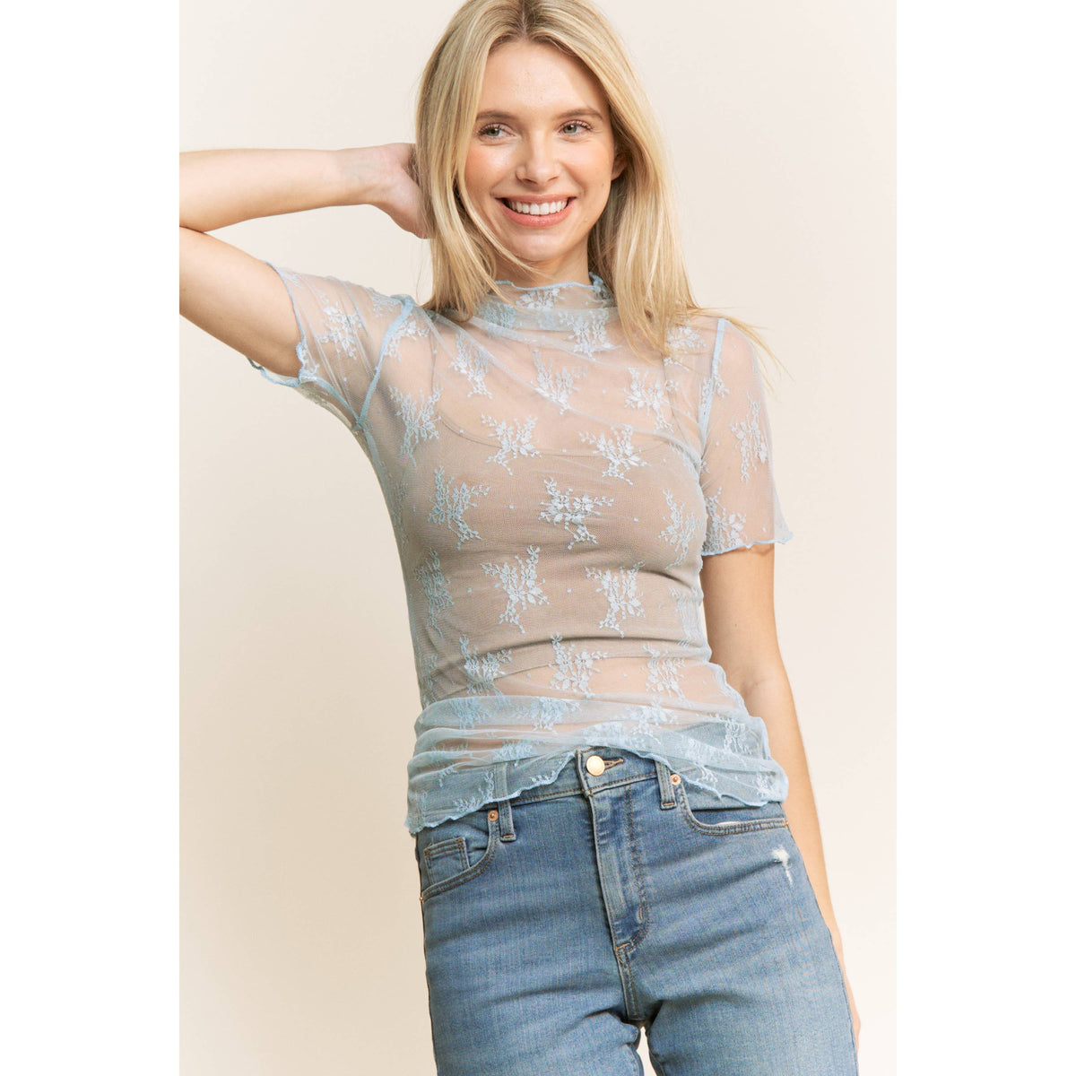MESH LACE HIGH NECK DESIGN SHORT SLEEVE FITTED TOP