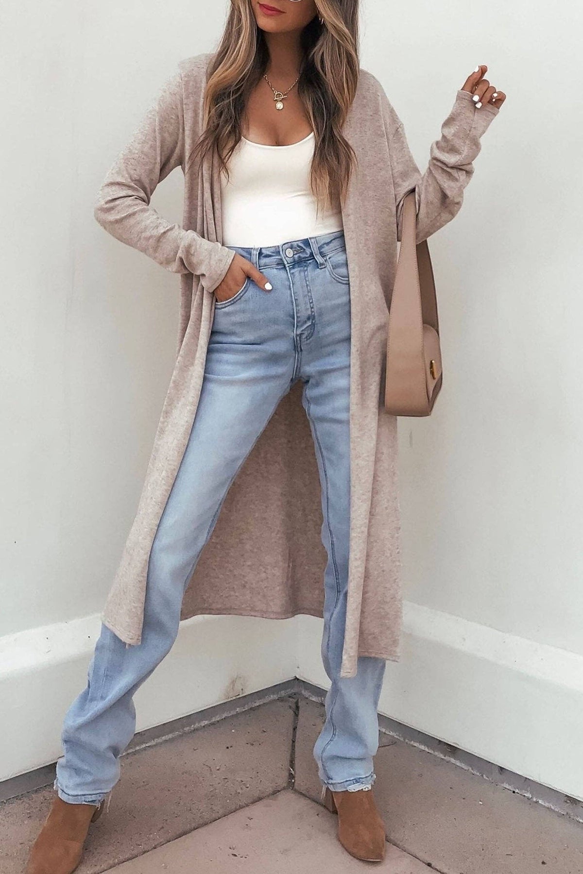 Parchment Solid Color Long Sleeve Casual Tunic Shift Cardigan