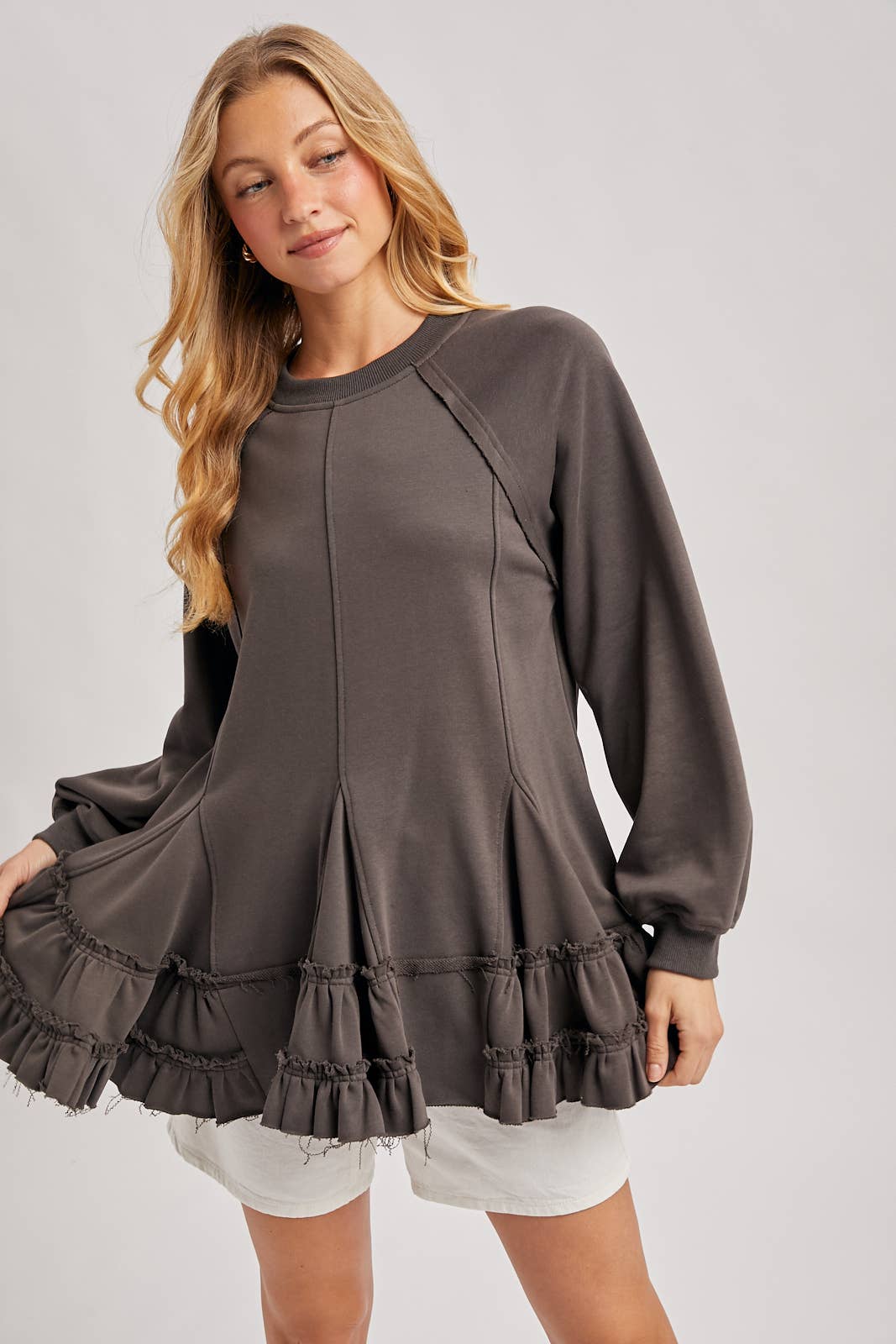 FRENCH TERRY RUFFLED TIERED HEM TUNIC SWEATSHIRT