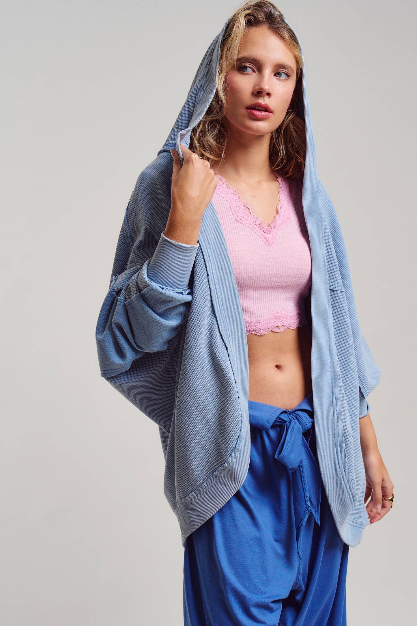 Washed Waffle Knit Hooded Cardigan
