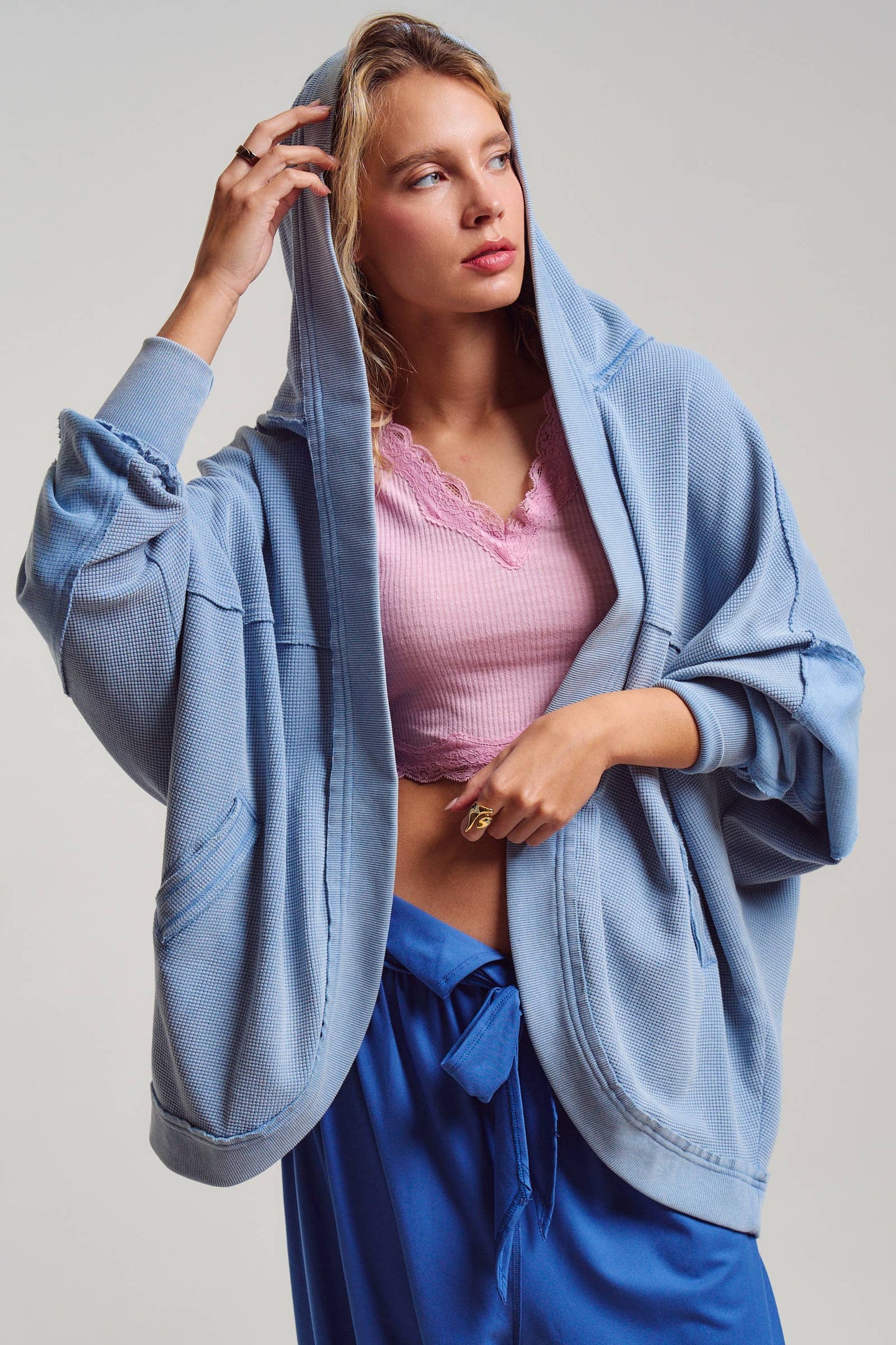 Washed Waffle Knit Hooded Cardigan