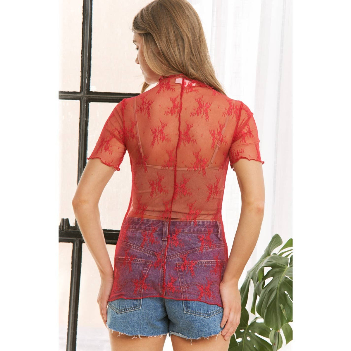 MESH LACE HIGH NECK DESIGN SHORT SLEEVE FITTED TOP